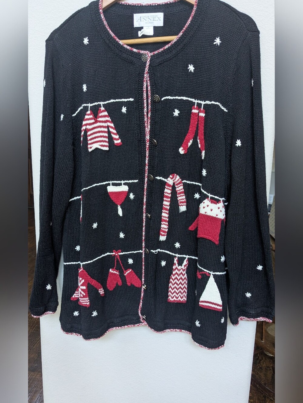 Vintage Casual Corner Black Cardigan with Red & White Knit Holiday Motifs